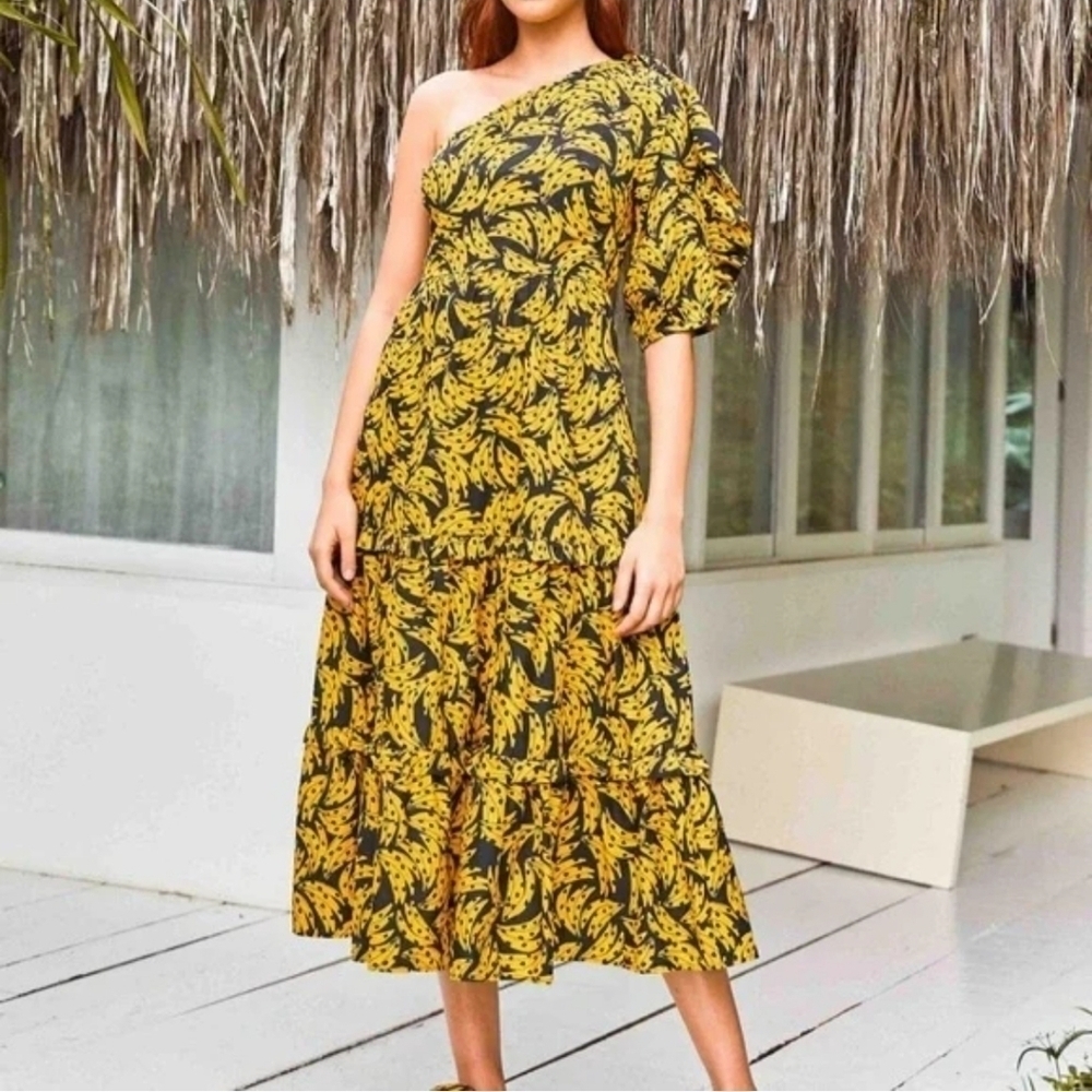 Farm Rio Spotted Bananas Puff One Shoulder Tiered Ruffle Midi Dress Beach S - Picture 2 of 13